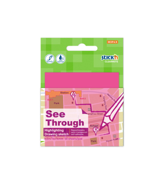 Notas Adh. Transparentes, 3" x 3" (76 mm x 76 mm), Magenta Traslucido Block x 50 h.