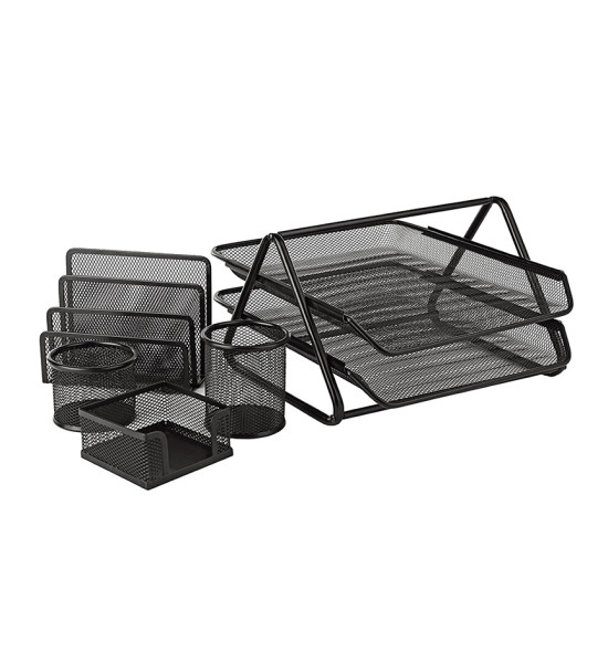 Combo Org. Escritorio Metálico 5 Pzas: 1x Porta Clips + 1x Porta Lápices + 1x Org. de Sobres + 1x Porta Notas + 1x Bandeja 2 Niveles. Negro, Set