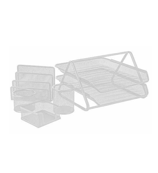 Combo Org. Escritorio Metálico 5 Pzas: 1x Porta Clips + 1x Porta Lápices + 1x Org. de Sobres + 1x Porta Notas + 1x Bandeja 2 Niveles. Plateado, Set