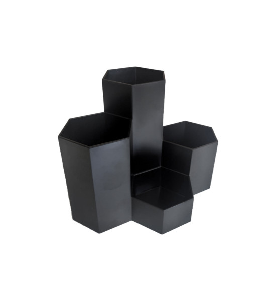 Organizador de Escritorio, Plástico (HIPS), 4 Compartimentos - Colmena, (12 cm Alto x 16 cm Ancho x 11 cm Prof.),  Negro, Unidad.