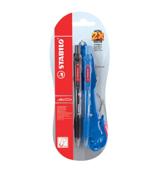Bolígrafo Retractil, Marathon 318, Punta Media 0.45 mm, Blister x 2 Unds., Azul y Negro