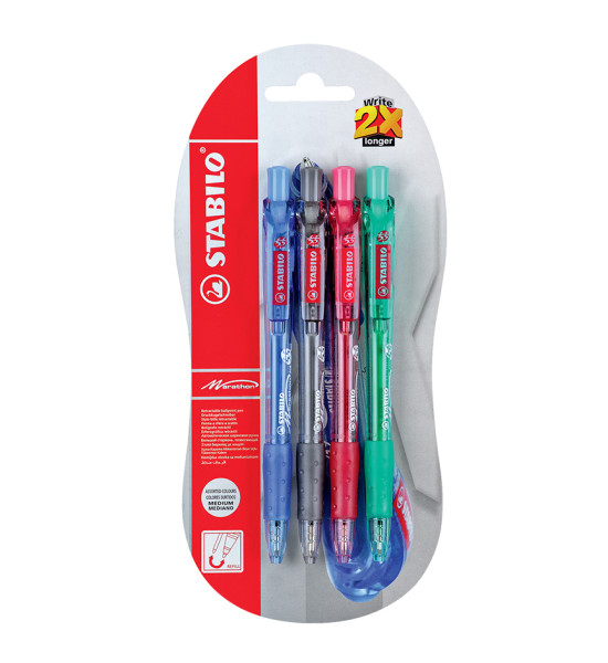 Bolígrafo Retractil, Marathon 318, Punta Media 0.45 mm, Blister x 4 Unds., Azul, Negro, Rojo, Verde