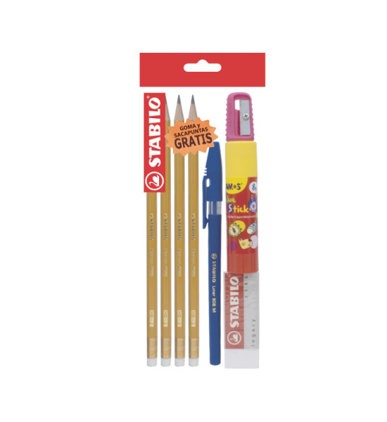 Lápices de Grafito, Swano, HB, Cuerpo Hexagonal, Mina 2.2 mm. Pack x 3 Unds. + 1x Pegamento en Barra 8.2 gs + 1x Bolígrafo 308M + 1x Borrador 1186 + 1x Sacapuntas