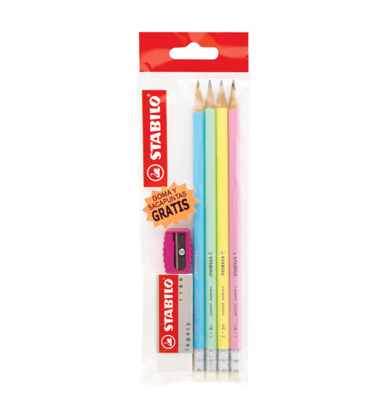 Lápices de Grafito, Swano, HB, Barniz Pastel, Cuerpo Hexagonal, Mina 2.2 mm, c/Borrador, Pack x 4 Unds. + Borrador 1186 + Sacapuntas