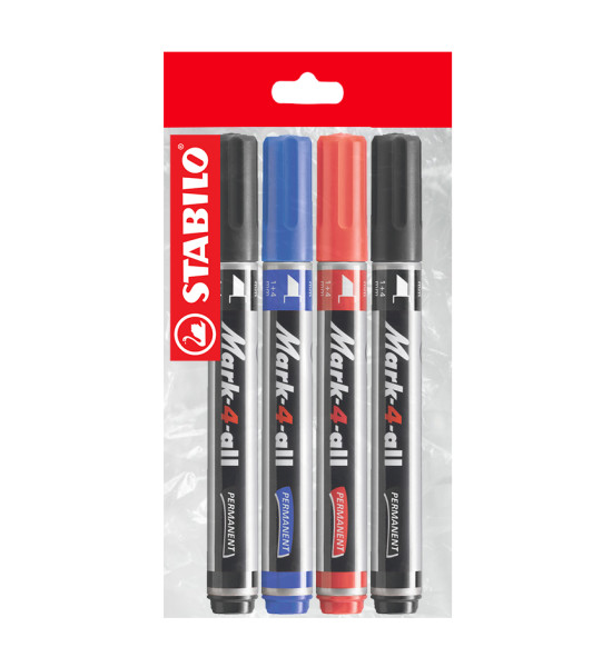 Marc. Permanente, Mark-4-all, Punta Biselada, 1.0-4.0 mm, Pack x 4 Unds. 2xNegro, 1xAzul, 1xRojo