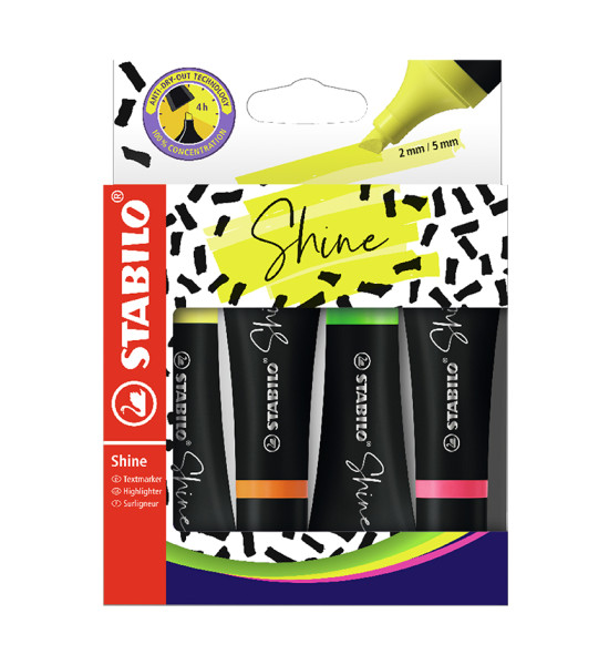 Resaltador, Shine, Punta Biselada 2.0-5.0 mm, Colores Fluo, Estuche x 4 Unds. Colores Surtidos