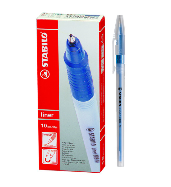 Bolígrafo, Liner 808, Punta Media 0.45 mm, cuerpo traslúcido, Azul, Caja x 10 Unds. 