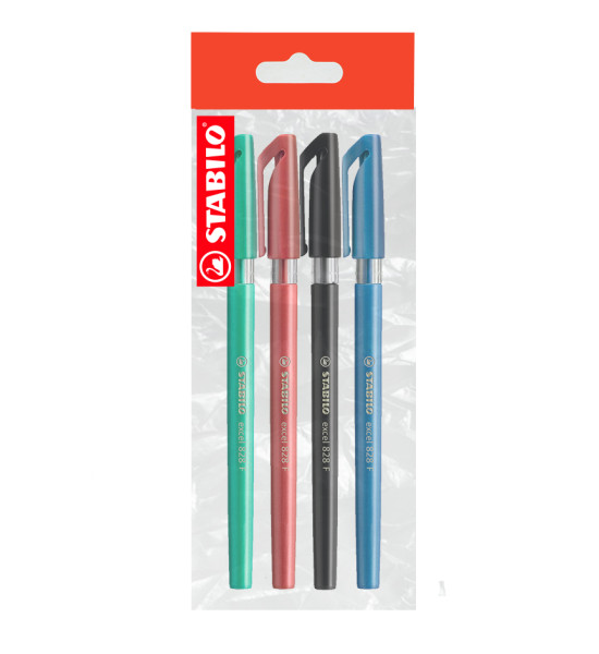 Bolígrafo, Excel 828, Punta Fina 0.38 mm, cuerpo opaco, Pack x 4 Unds. Azul, Negro, Rojo, Verde