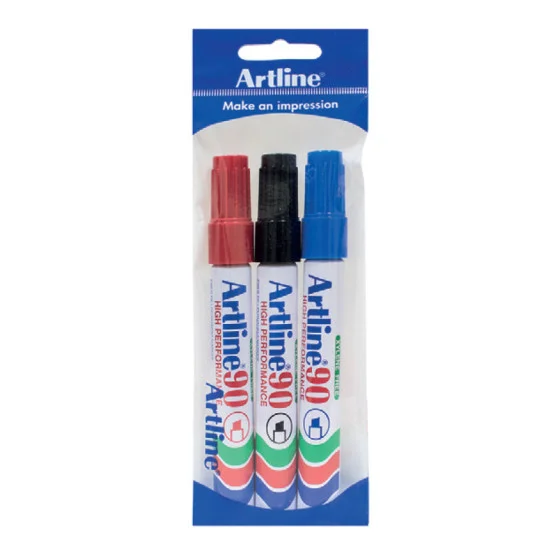 Permanent Marker, EK90, Chisel Nib, 2.0 - 5.0 mm, Pack x 3, Blue, Black, Red