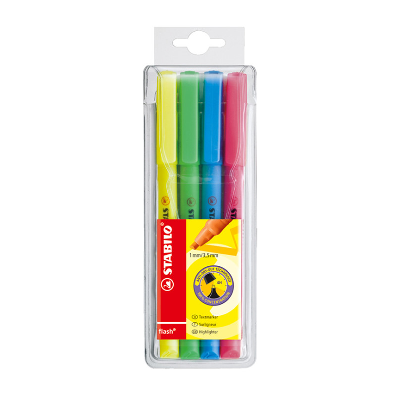 Highlighter, Flash, Chisel Tip 1.0-3.5 mm, Fluo Colors, Pack x 4 Units. Assorted Colors