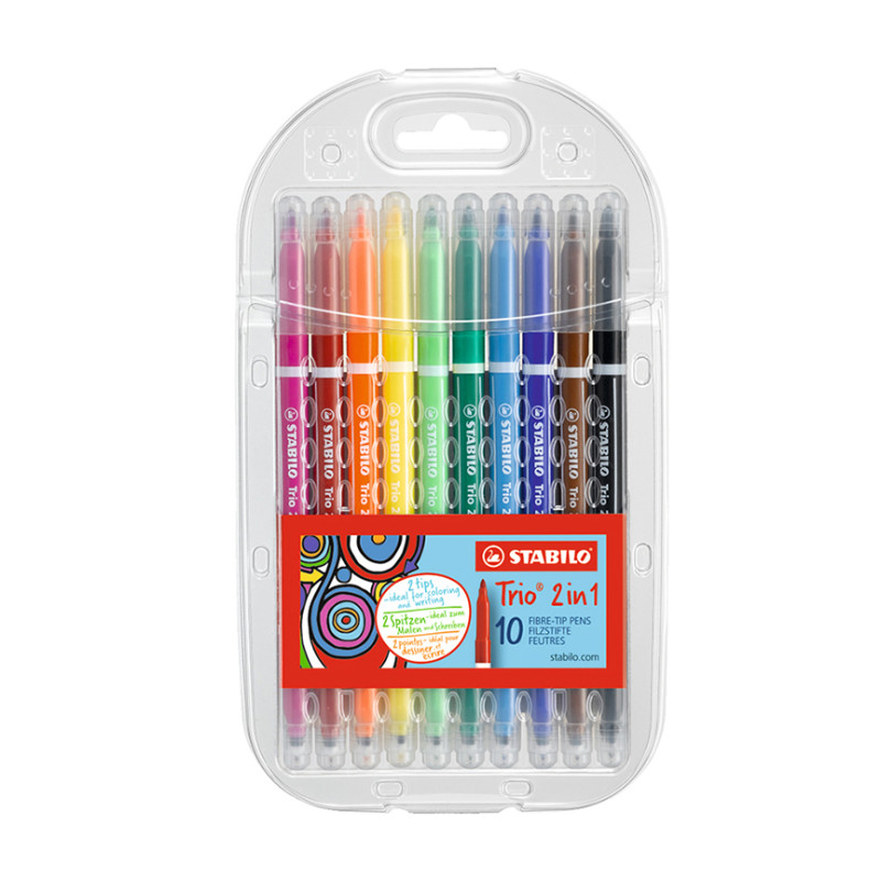 Fibre Tip Pen, Trio 2 in 1, Duo Tip  S (0.5 mm) and L (2.0 mm), Wallet x 10 Units. 10 Assorted Colors