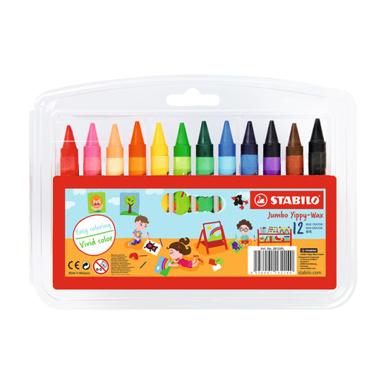 Wax Crayons, Jumbo Yippy Wax, Circular Body, 10 mm, in Plastic Wallet x 12 Units. 12 Assorted Colors