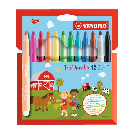 Fibre Tip Pen, Trio Jumbo, XL Tip (3.0 mm), Wallet x 12 Units. 12 Assorted Colors