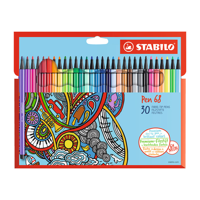 Fibre Tip Pen, Pen 68, Tip 1.0 mm, Wallet x 30 Units.  30 Assorted Colors