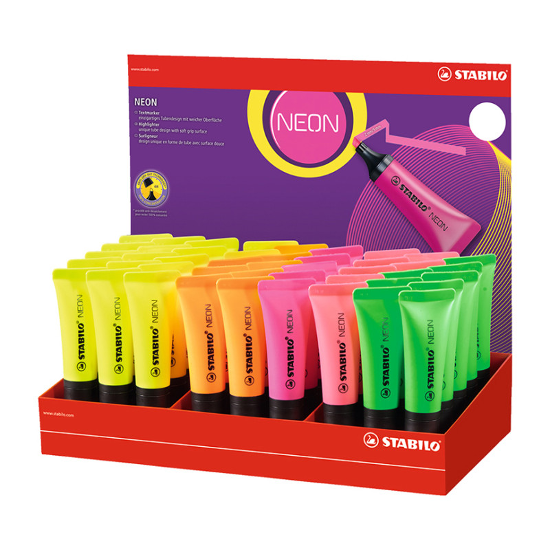 Highlighter, Neon, Chisel Tip 2.0-5.0 mm, Fluo Colors, Display x 45 Units. 5 Assorted Colors