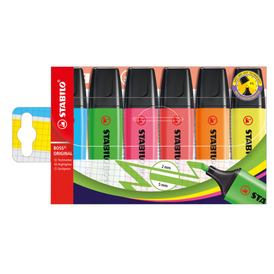 Highlighter, Boss, Chisel Tip 2.0-5.0 mm, Fluo Colors, Wallet x 6 Units. Assorted Colors