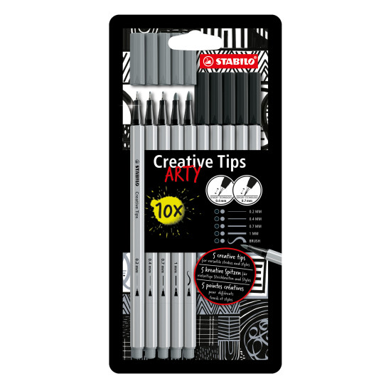 Fineliners and Fiber Tip Pens, ARTY Creative Tips, Wallet x 5 Units. in Black and Grey Color. Tips: 0.2 mm, 0.4 mm, 0.7mm, 1.0 mm, Brush.