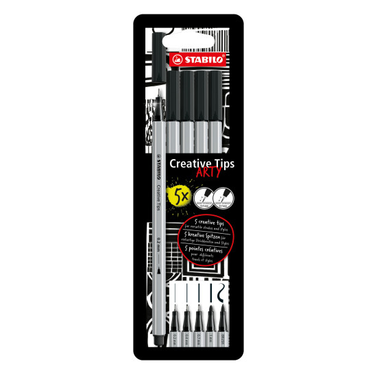 Fineliners and Fiber Tip Pens, ARTY Creative Tips, Wallet x 5 Units. in Black Color. Tips: 0.2 mm, 0.4 mm, 0.7mm, 1.0 mm, Brush.