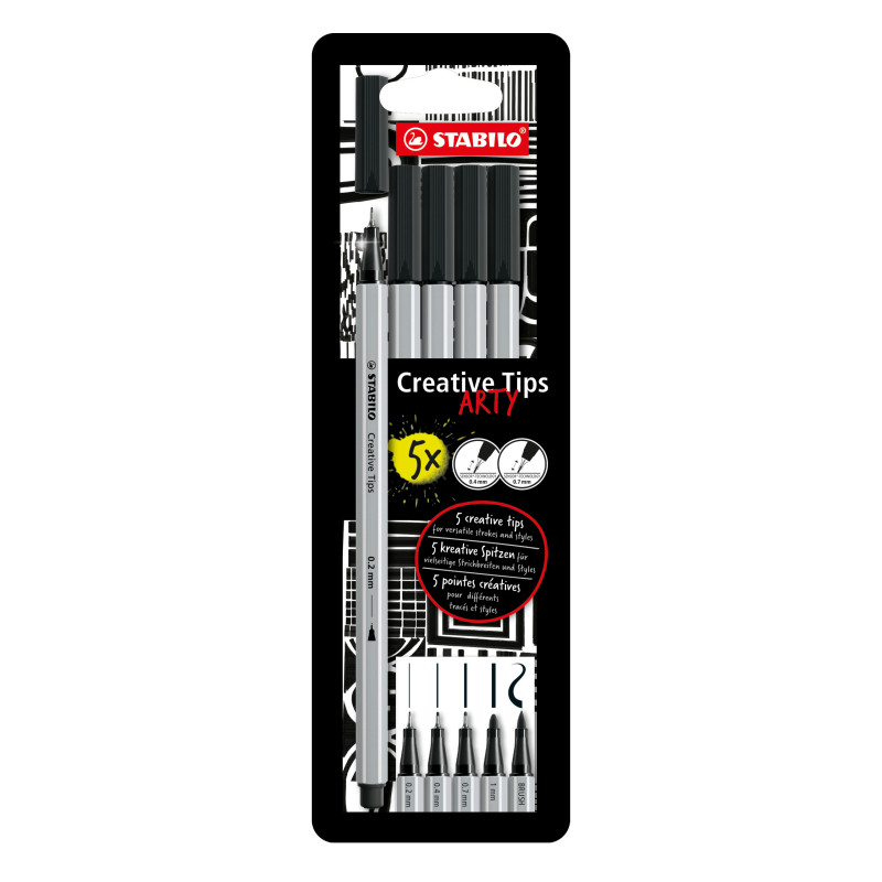 Fineliners and Fiber Tip Pens, ARTY Creative Tips, Wallet x 5 Units. in Black Color. Tips: 0.2 mm, 0.4 mm, 0.7mm, 1.0 mm, Brush.