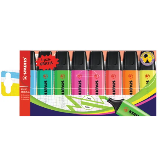 Highlighter, Boss, Chisel Tip 2.0-5.0 mm, Fluo Colors, Wallet x 8 Units. Assorted Colors