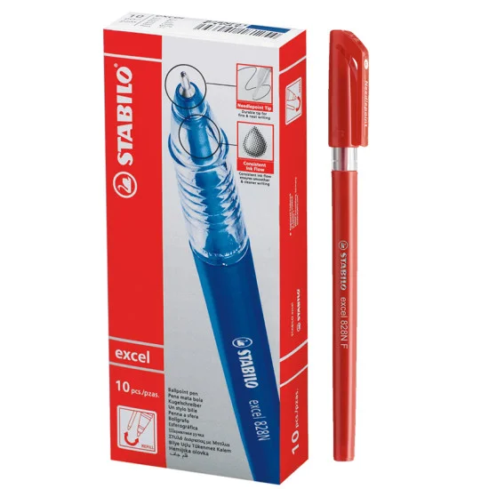 Ballpoint Pen, Excel 828NF, Needle Tip 0.38 mm, opaque body, Red, Box x 10 pcs.