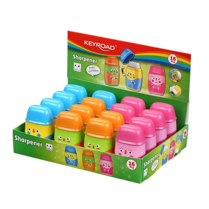 Sharpener, 2 holes w/container + eraser Faces, Displ. X 16 Pcs.