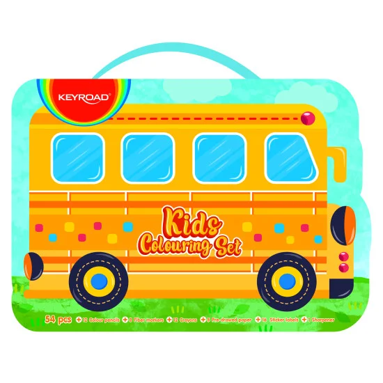 Coloring Kit Set, School Bus, 54 Pzas, (12x Lápices de Color, 8x Marcadores Escolares, 12x Crayones, 1x Sacapuntas, + Hojas de Color + Stickers), Set