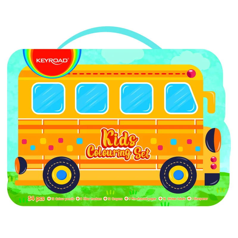 Coloring Kit Set, School Bus, 54 Pzas, (12x Lápices de Color, 8x Marcadores Escolares, 12x Crayones, 1x Sacapuntas, + Hojas de Color + Stickers), Set