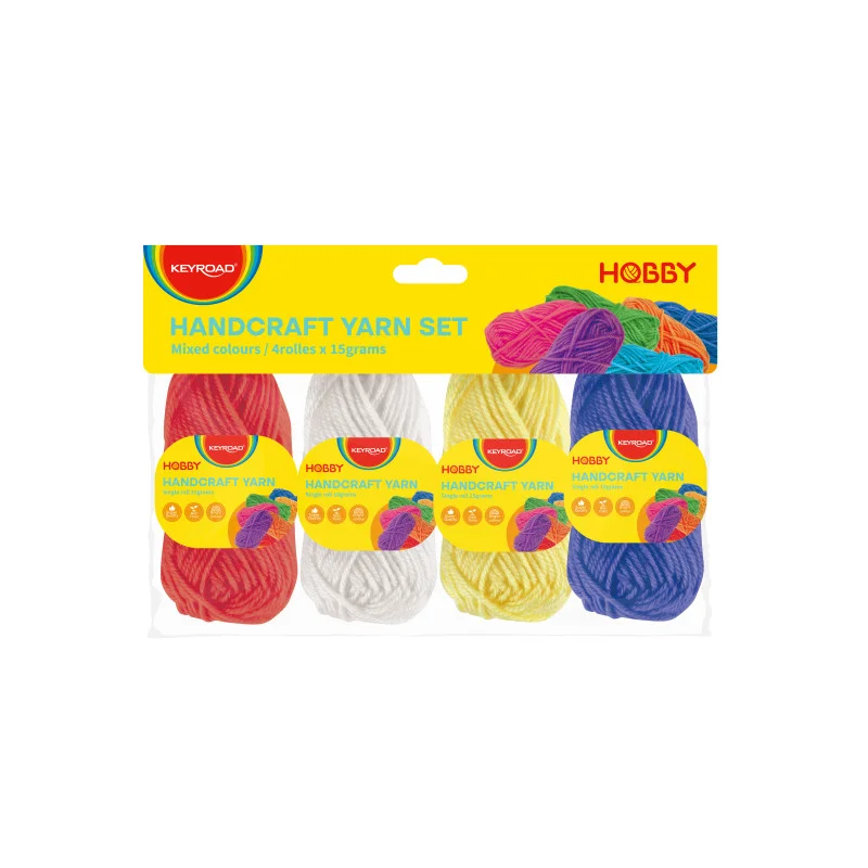 Handcraft yarn, 4rolles x 15gr. Assorted colors - re,wh,ye,bl.- with header.