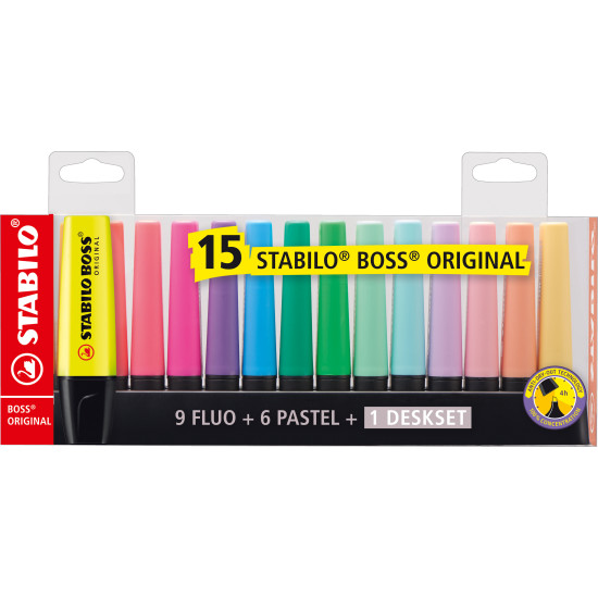 Highlighter, Boss, Chisel Tip 2.0-5.0 mm, Fluo Colors, Desk-Set x 15 Units. Assorted Colors