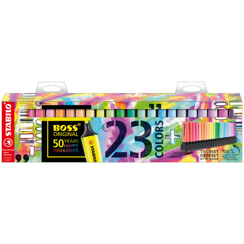 Highlighter, Boss, Chisel Tip 2.0-5.0 mm, Fluo and Pastel Colors, Desk-Set x 23 Units. Assorted Colors