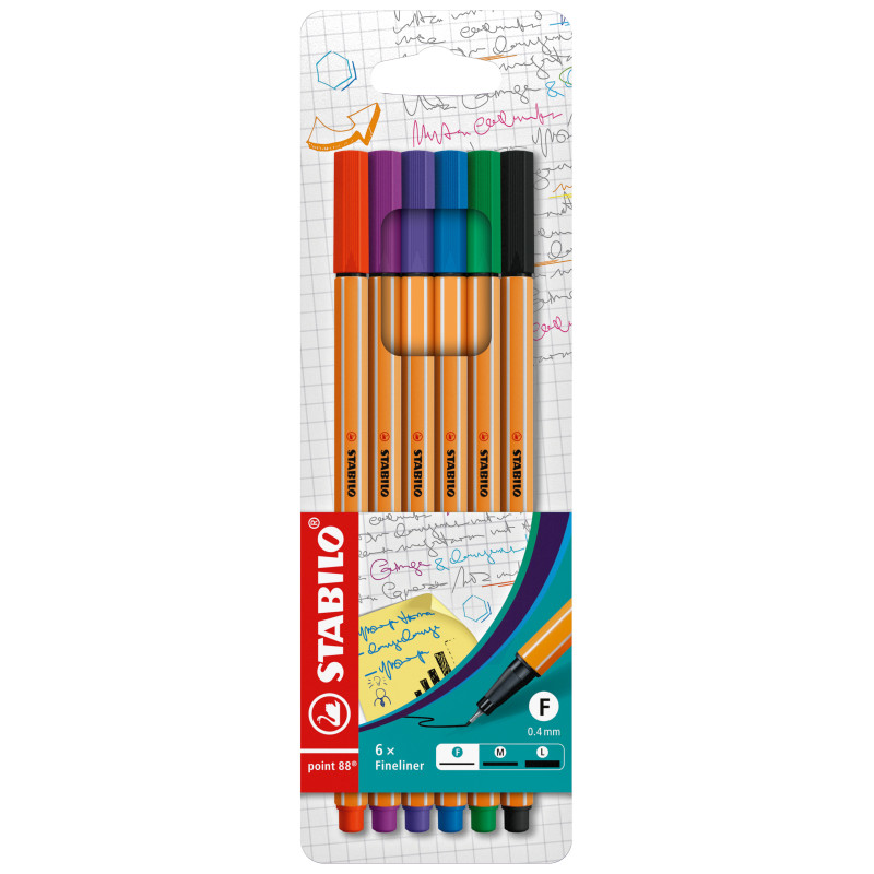 Fineliner, Point 88, Fine Tip 0.4 mm, Wallet x 6 Units. 6 Basic Colors Assorted