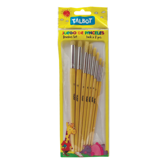 Paintbrush, Bristle Hair Round Shape, Pack x 8 Unds., Nro. 2, 4, 6, 8, 10, 12, 14, 16