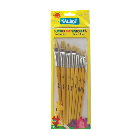 Paintbrush, Bristle Hair Flat Shape,  Pack x 8 Unds., Nro. 2, 3, 4, 5, 6, 8, 10, 12