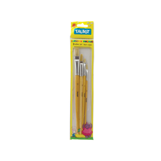 Paintbrush, Bristle Hair Flat Shape,  Pack x 4 Unds., Nro. 2, 4, 8, 12