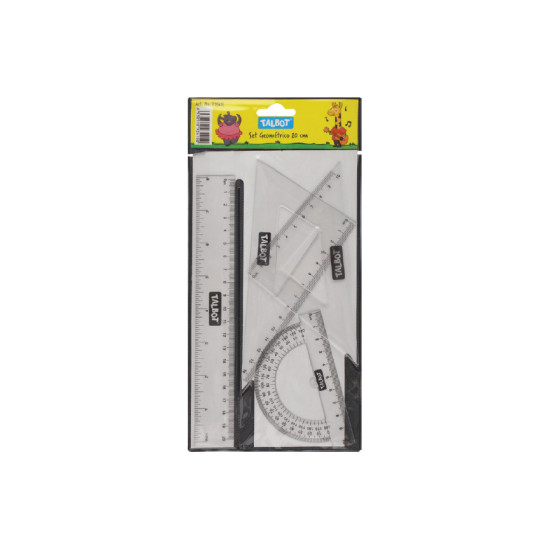 Plastic Drawing Set, 8" (20 cm), with Ruler, Protactor & Triangles, Clear. Pack x 4 pcs.