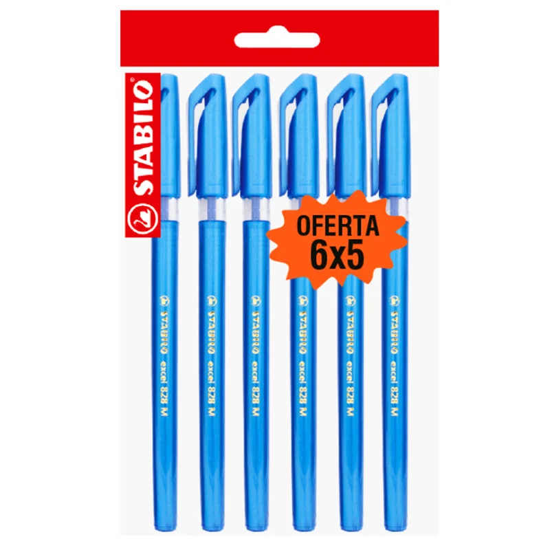 Ballpoint Pen, Excel 828, Medium Tip 0.45 mm, opaque body, Blue, Pack x 6 Units.