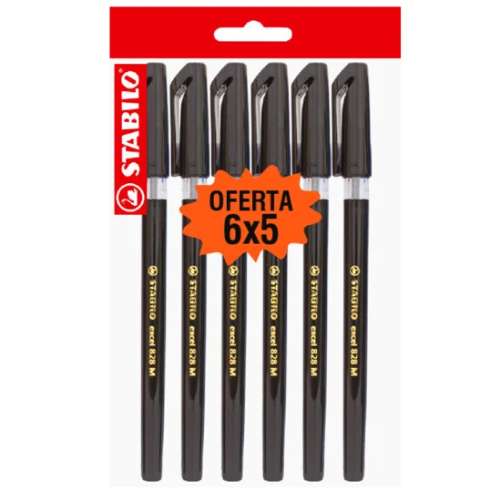 Ballpoint Pen, Excel 828, Medium Tip 0.45 mm, opaque body, Black, Pack x 6 Units.