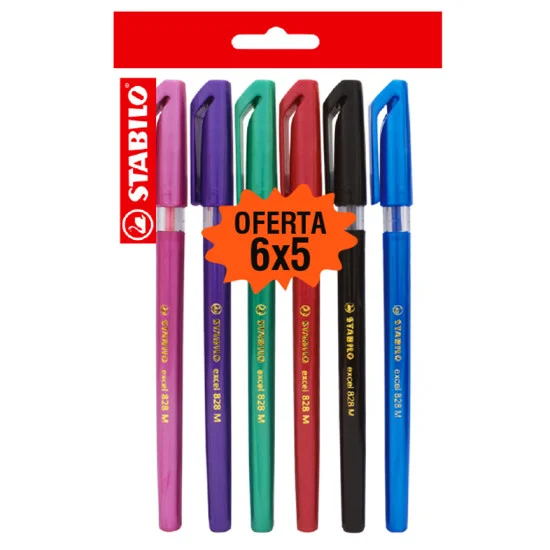 Ballpoint Pen, Excel 828, Medium Tip 0.45 mm, opaque body, Pack x 6 Units. Assorted Colors