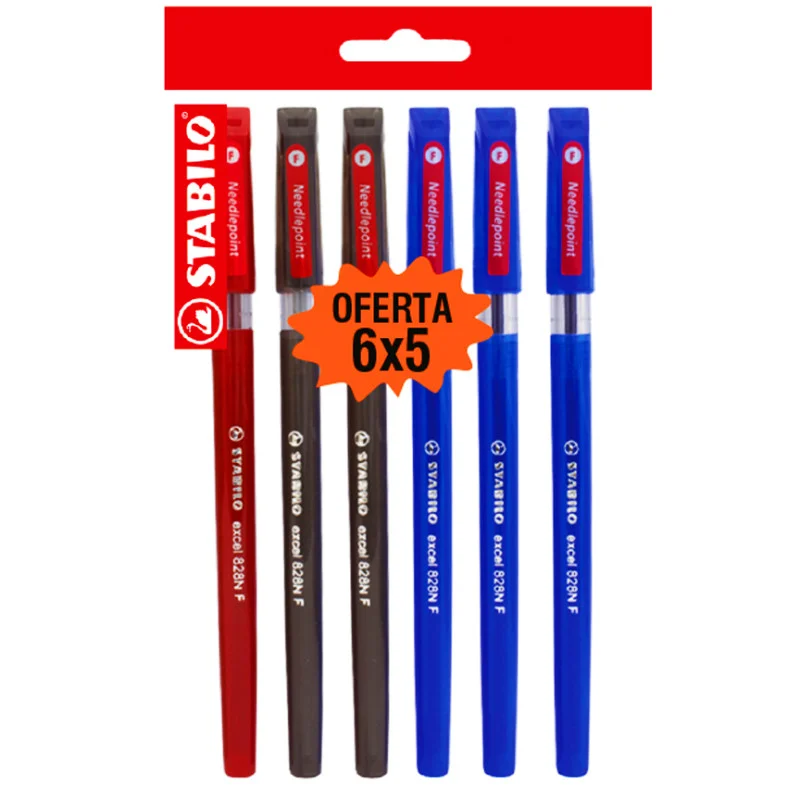 Ballpoint Pen, Excel 828NF, Needle Tip 0.38 mm, opaque body, Pack x 6 Units., 3x Blue, 2x Black, 1xRed