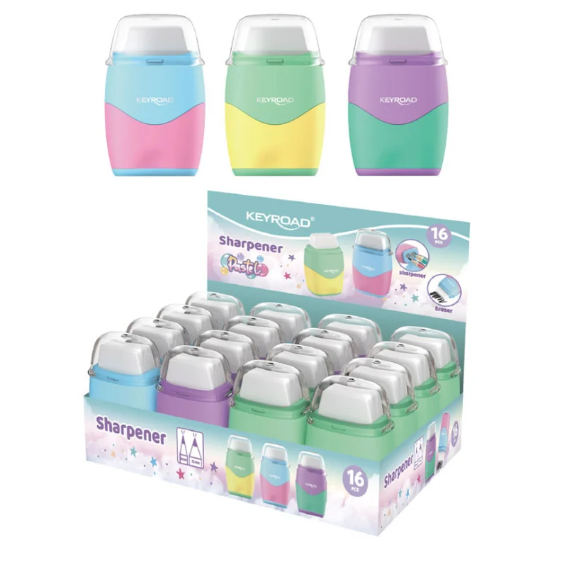 Sharpener, 2 holes w/container + eraser Pastel, Displ. X 16 Pcs.