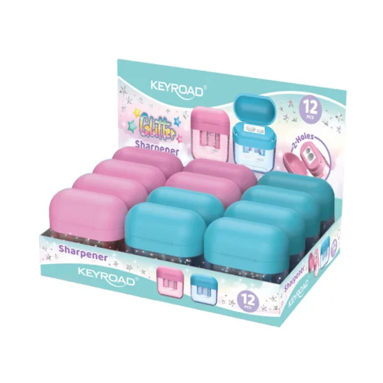 Sharpener w/cont., 2 holes - Pastel color - Glitter, Exh. x 12 Pcs.