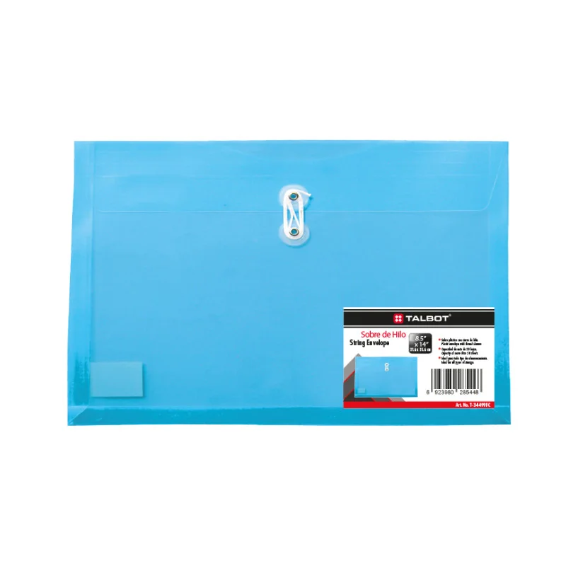  Plastic Envelope. Legal/FC Size: 8 1/2" H x 14" W. Button & String Closure,  Assorted Translucent  Colors. Unit. 