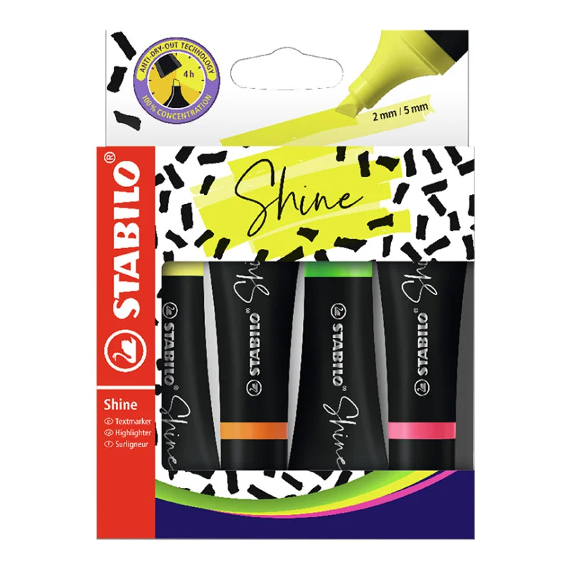 Highlighter, Shine, Chisel Tip 2.0-5.0 mm, Fluo Colors. Wallet x 4 Units. Assorted Colors