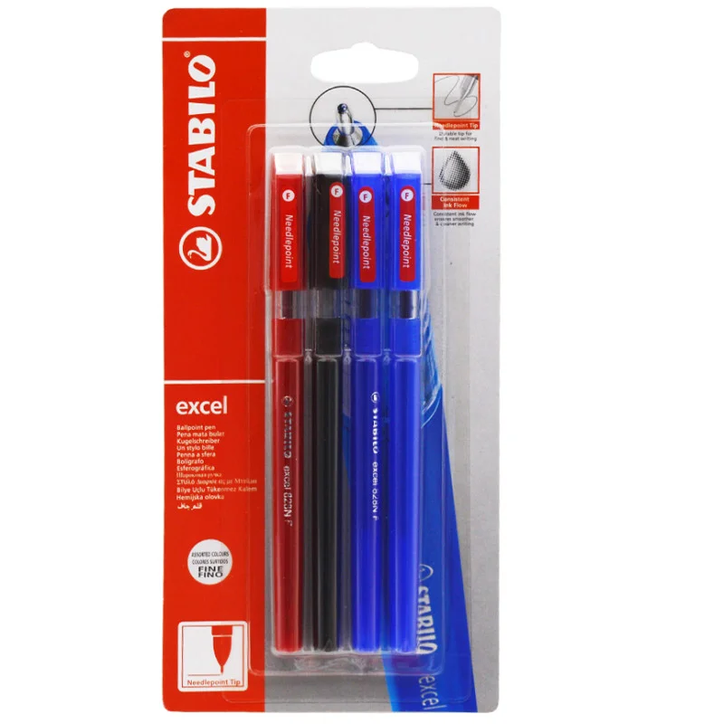 Ballpoint Pen, Excel 828NF, Needle Tip 0.38 mm, opaque body, Blistercard x 4 Units., 2x Blue, 1x Black, 1x Red.